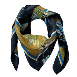 Silke skjerf Blue flower garden gold 50x50